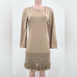 Trina Turk Tan Knit Boho Crochet Fringe Flapper Long Sleeve Dress Size 8